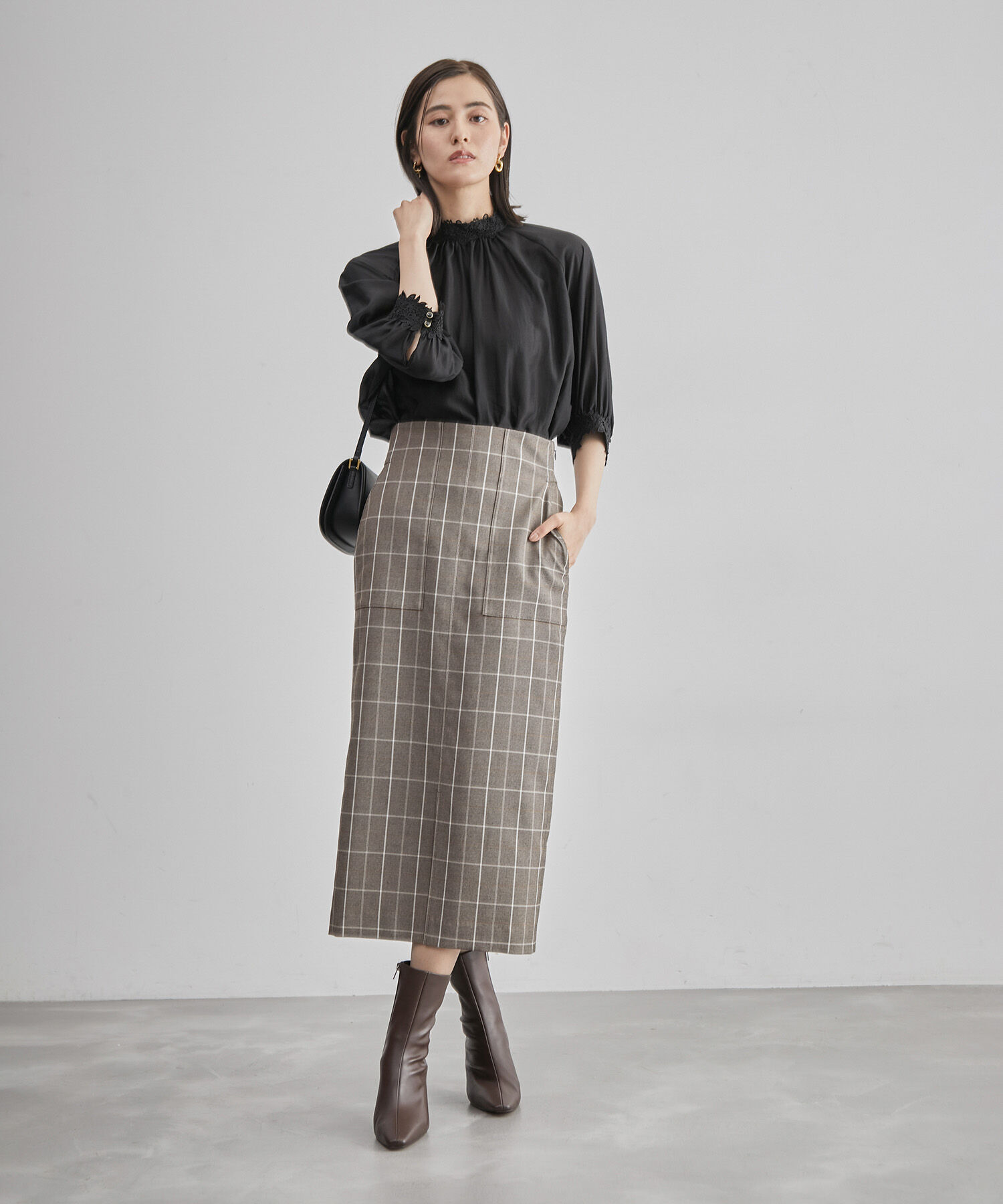 ROPE「【高評価】ポケット付きチェック柄タイトスカート」|スカート|
