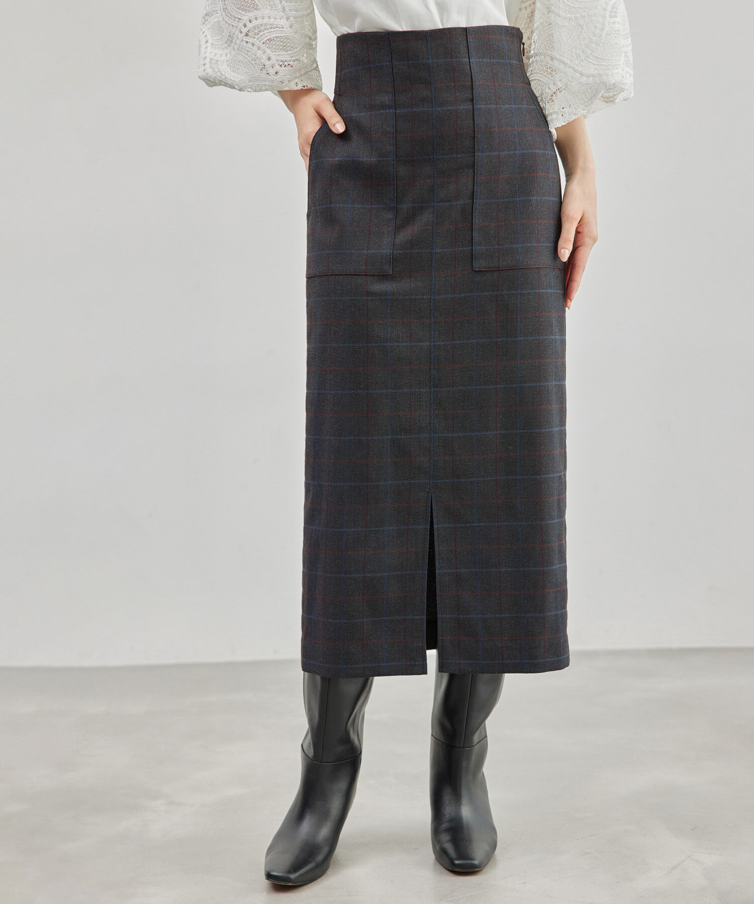 ROPE「【高評価】ポケット付きチェック柄タイトスカート」|スカート|ネイビー系(41)