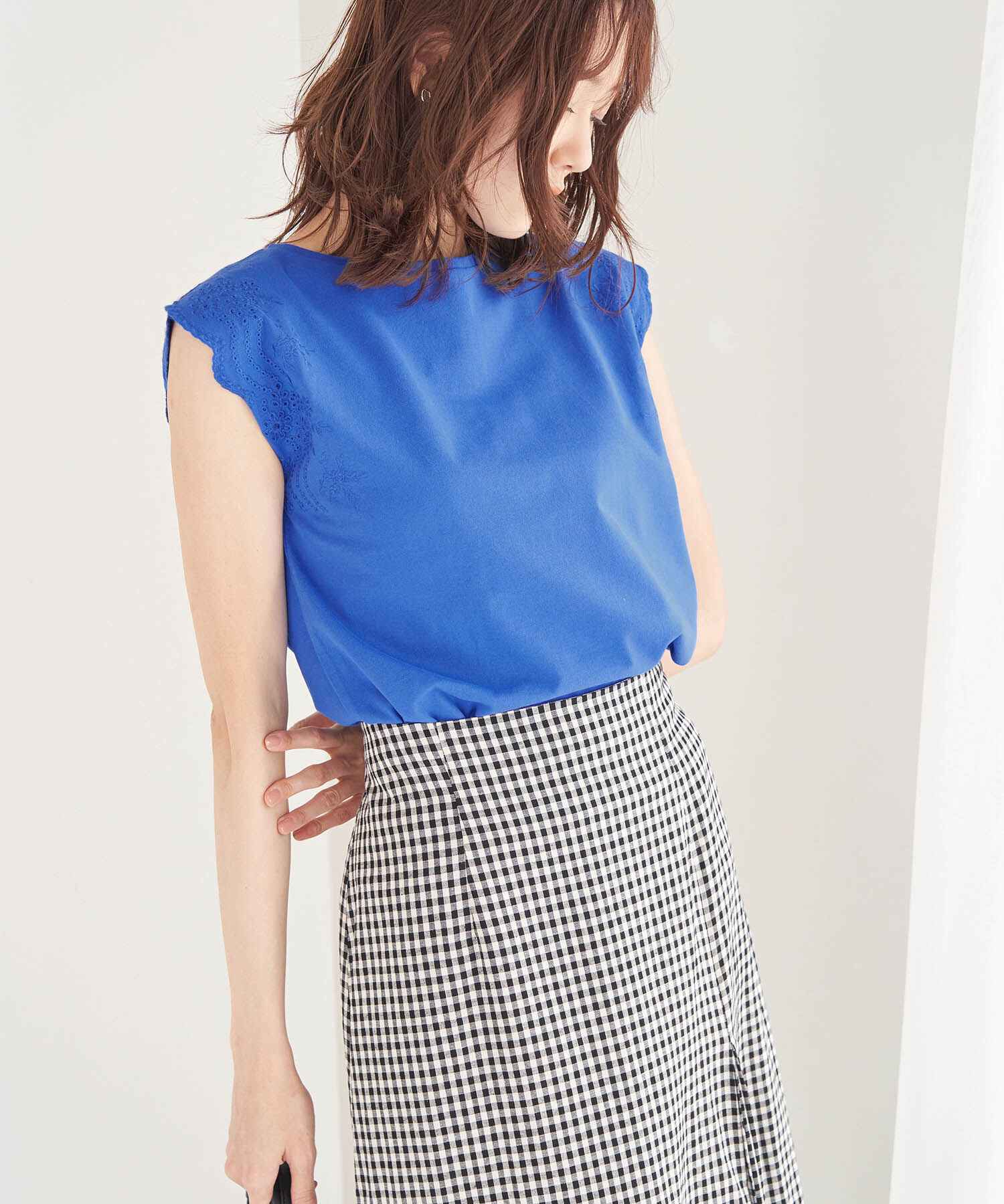 Rope&rsquo;Picnic「汗染み防止/オーガニックコットン袖カットワークレーストップス」|Tシャツ・カットソー|ブルー(44)