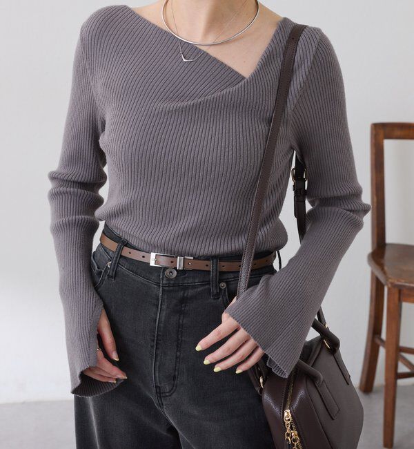  「デザインネックリブニット」|ニット・セーター|グレー