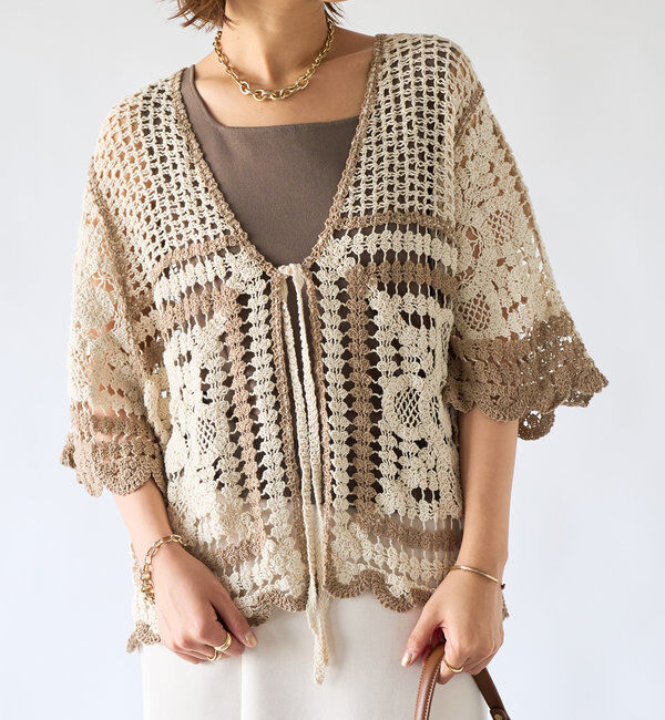  「《顔回りスッキリシルエット》クロシェVネックカーデ」|カーディガン|