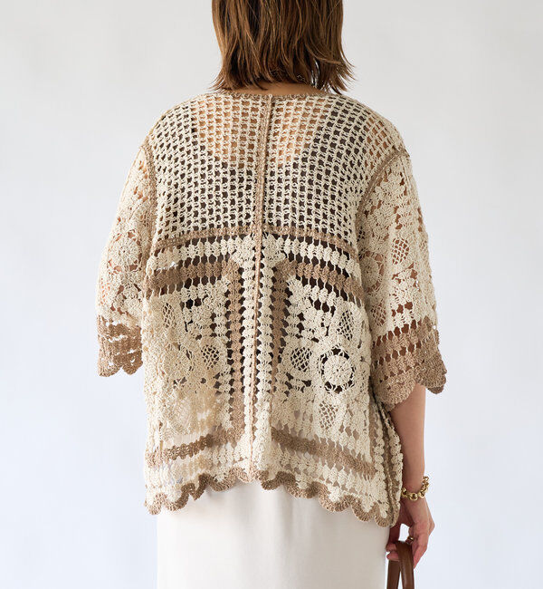  「《顔回りスッキリシルエット》クロシェVネックカーデ」|カーディガン|