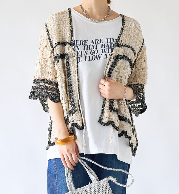  「《顔回りスッキリシルエット》クロシェVネックカーデ」|カーディガン|ブラック