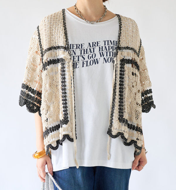  「《顔回りスッキリシルエット》クロシェVネックカーデ」|カーディガン|