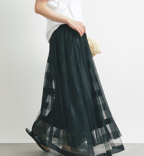  「チュールチェック柄フレアスカート」|スカート|ブラック