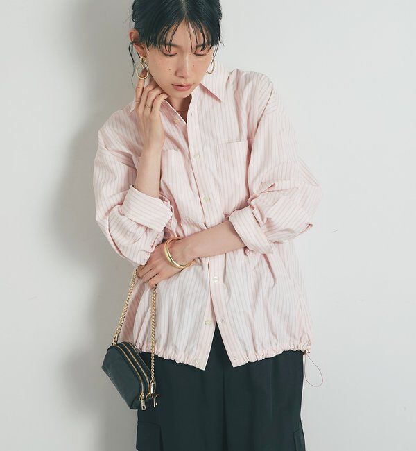  「《大人カジュアルに》裾ドロストストライプシャツ」|シャツ・ブラウス|ピンク