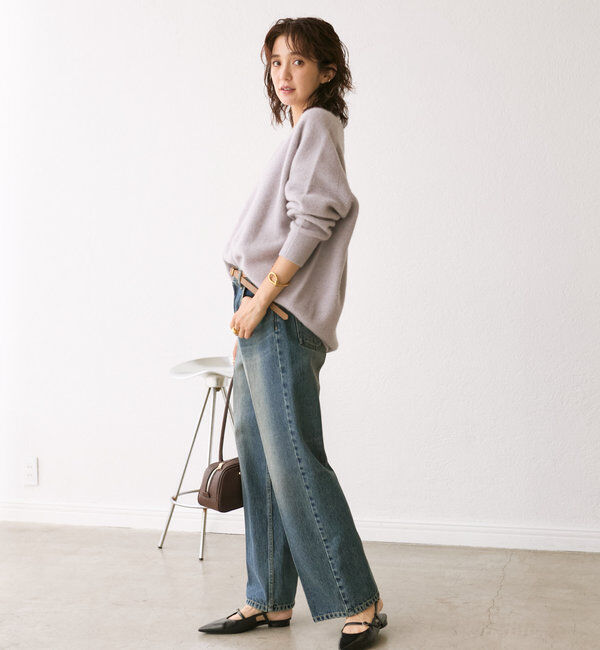  「【抜け感シルエット】ヘアリーウール片畦Vネックニット」|ニット・セーター|