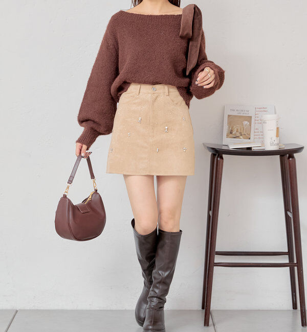  「ビジュー付き台形ミニスカート」|スカート|