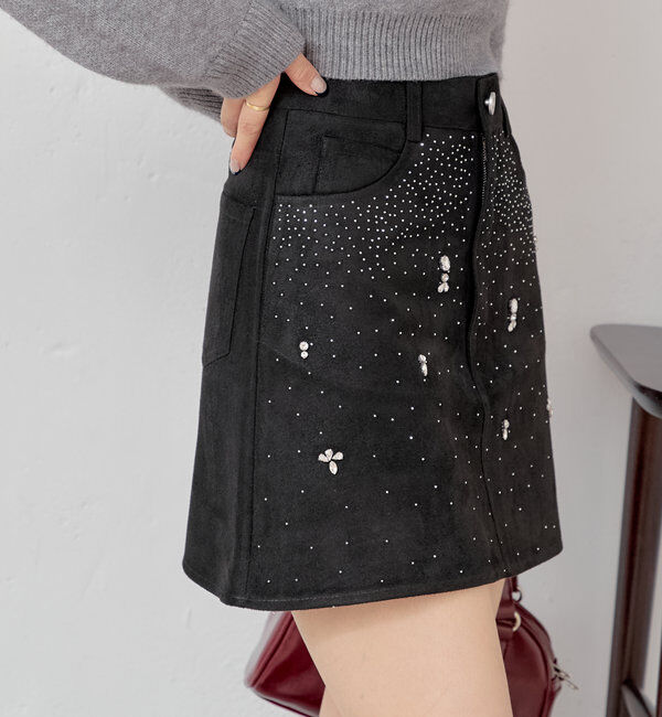  「ビジュー付き台形ミニスカート」|スカート|
