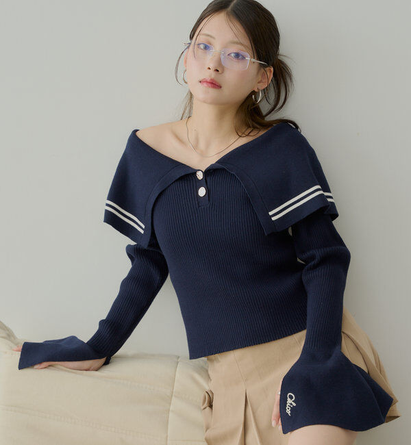  「ビックカラーリブニット」|ニット・セーター|ネイビー