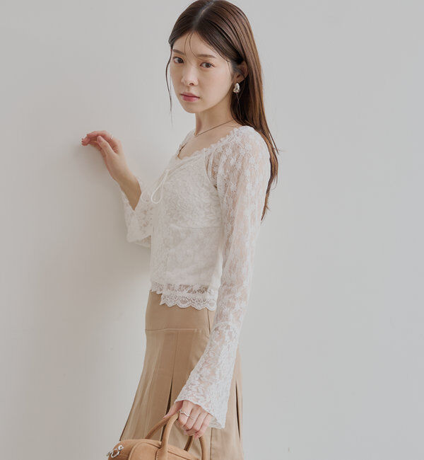  「レイヤード風レースロンT」|Tシャツ・カットソー|