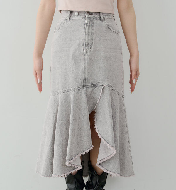  「【2サイズ展開】裾フリンジタイトフレアデニムスカート」|スカート|