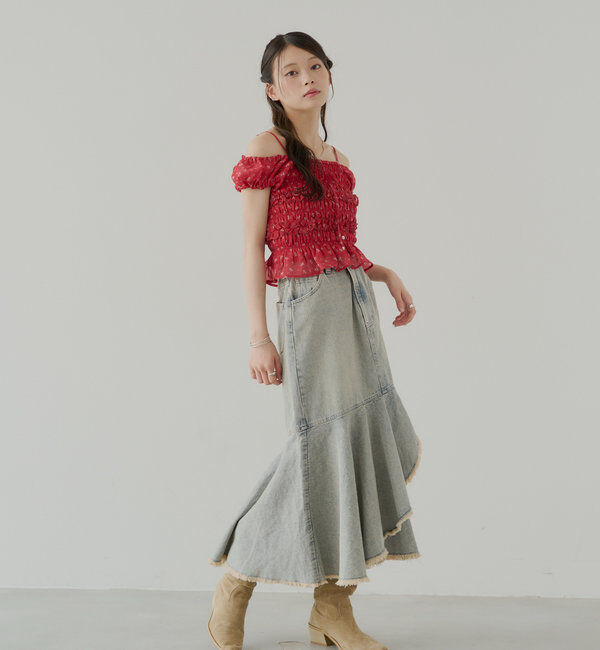  「【2サイズ展開】裾フリンジタイトフレアデニムスカート」|スカート|