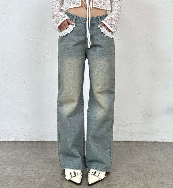  「【2サイズ】レースデニムフレアパンツ」|デニム|サックスブルー