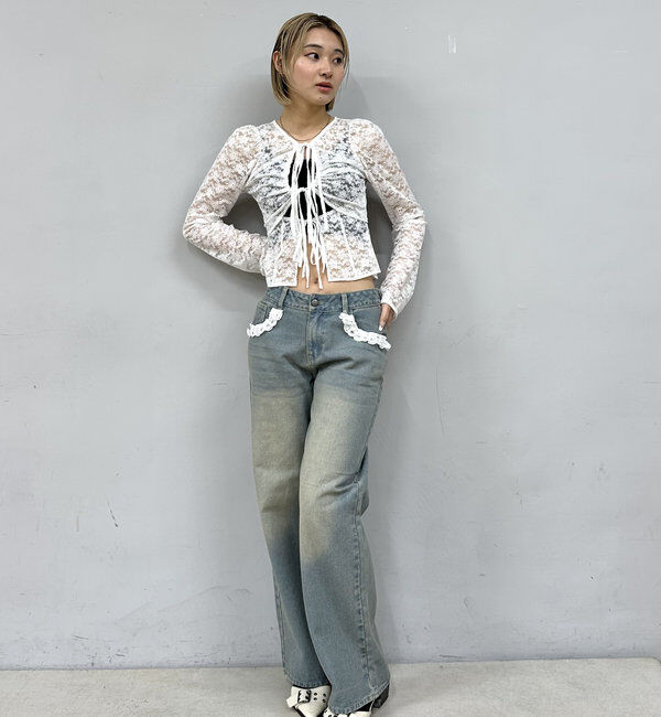  「【2サイズ】レースデニムフレアパンツ」|デニム|