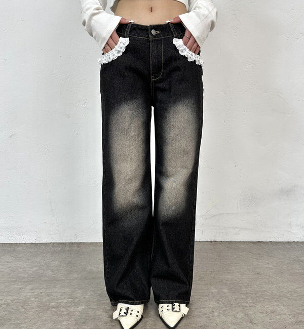  「【2サイズ】レースデニムフレアパンツ」|デニム|