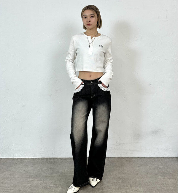  「【2サイズ】レースデニムフレアパンツ」|デニム|