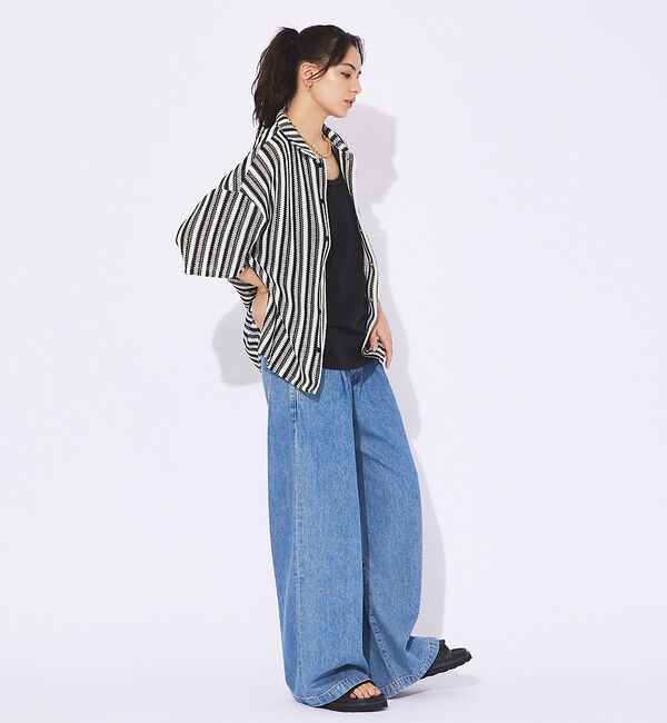ABAHOUSE「【Revo.】透かし編み/バルファスレースストライプシャツカーデ」|シャツ・ブラウス|