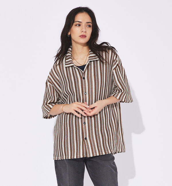 ABAHOUSE「【Revo.】透かし編み/バルファスレースストライプシャツカーデ」|シャツ・ブラウス|ブラウン