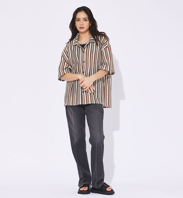 ABAHOUSE「【Revo.】透かし編み/バルファスレースストライプシャツカーデ」|シャツ・ブラウス|