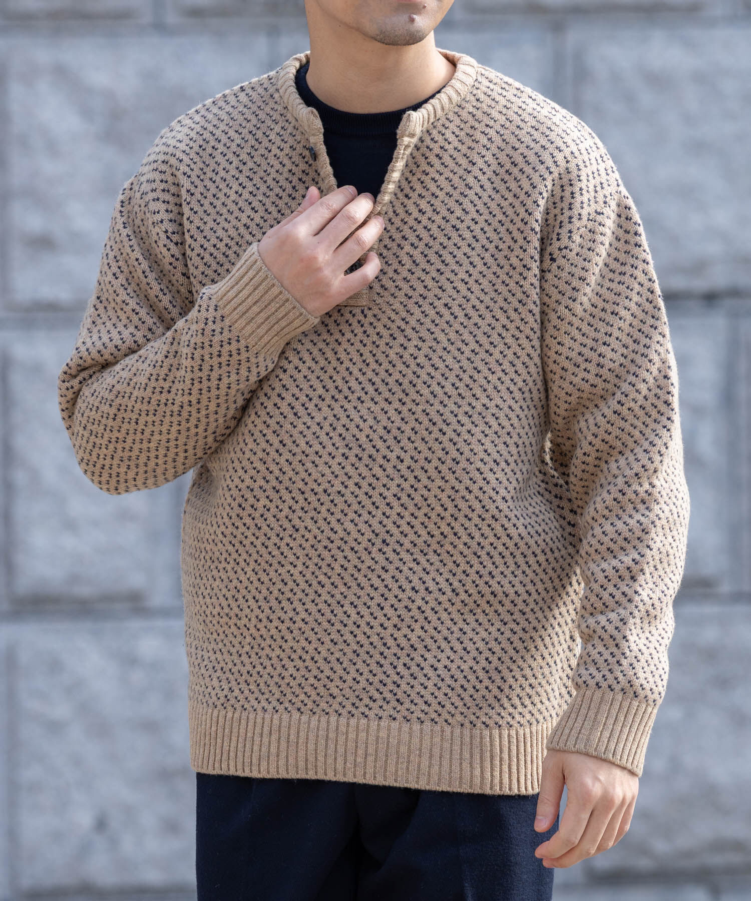 URBAN RESEARCH ROSSO「『XLサイズあり』バーズアイ柄ヘンリーネックニット」|ニット・セーター|グレー系その他