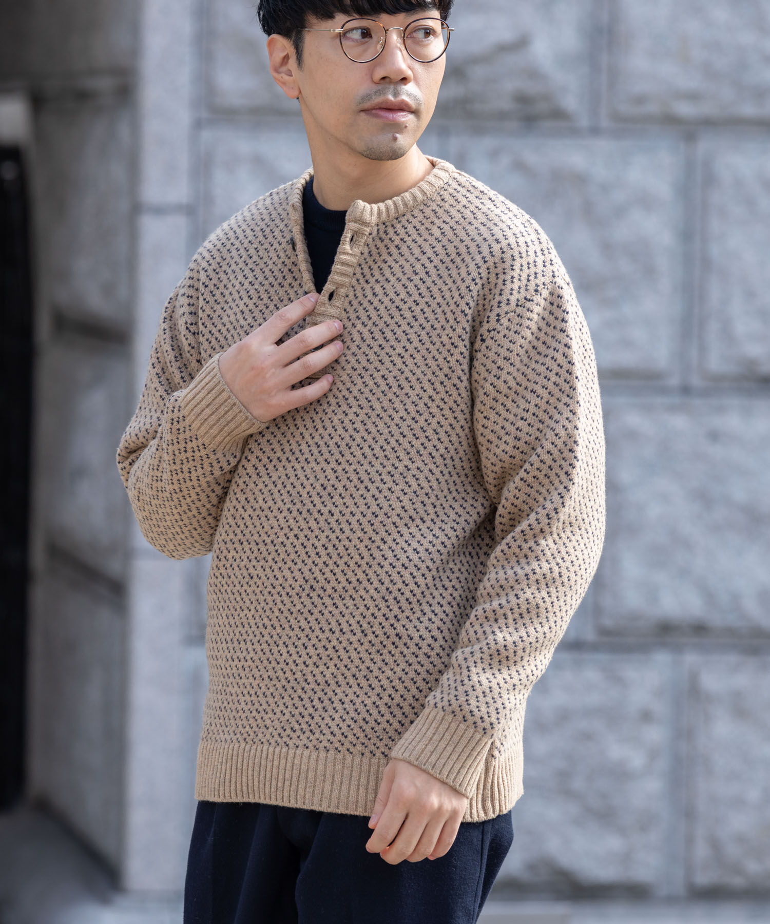 URBAN RESEARCH ROSSO「『XLサイズあり』バーズアイ柄ヘンリーネックニット」|ニット・セーター|