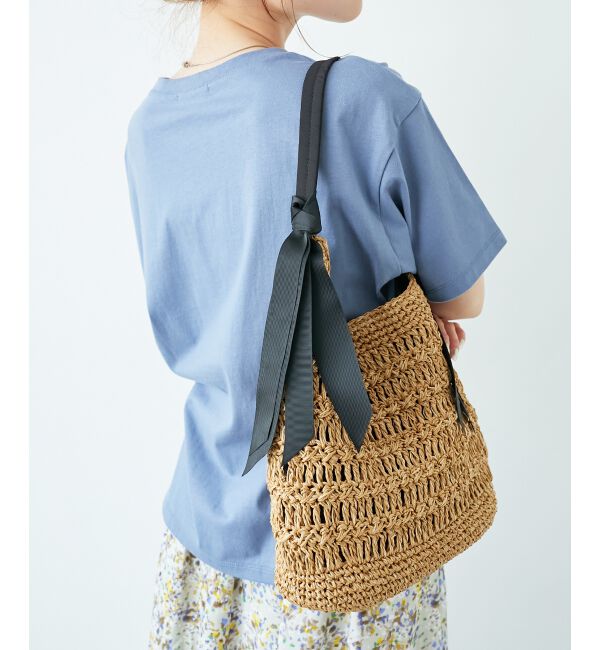  「グログランテープ柄編みペーパーバッグ」|かごバッグ|