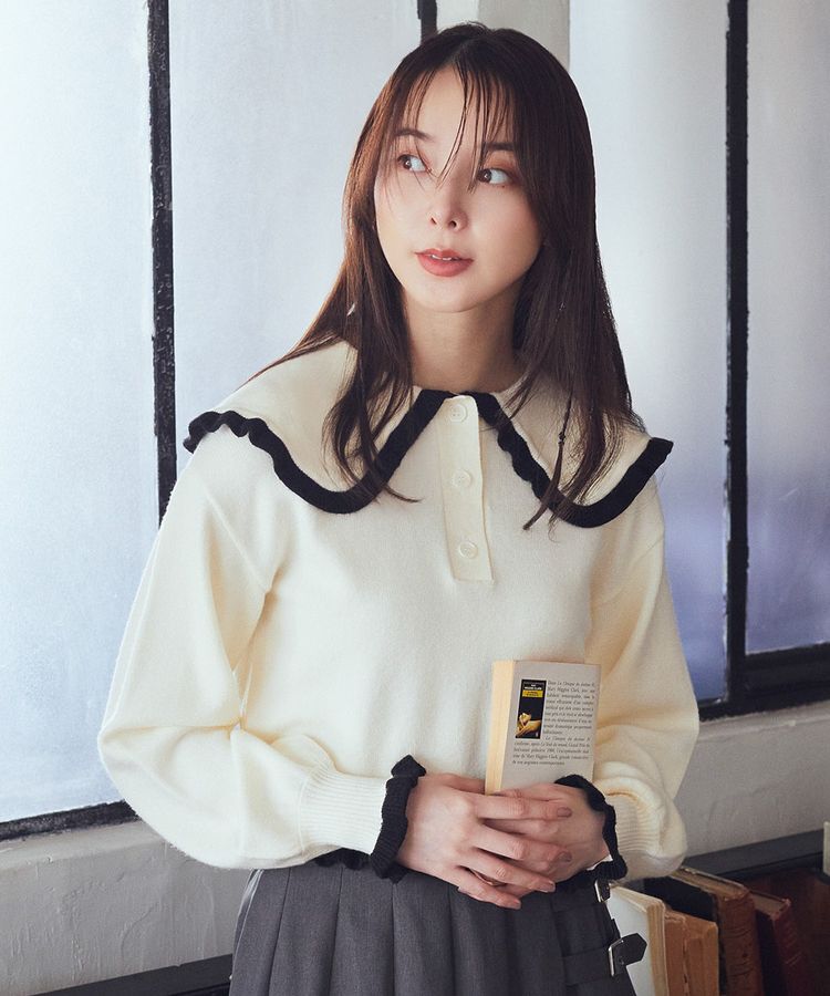 earth music&ecology「配色フリルカラーニットプルオーバー」|ニット・セーター|Ivory