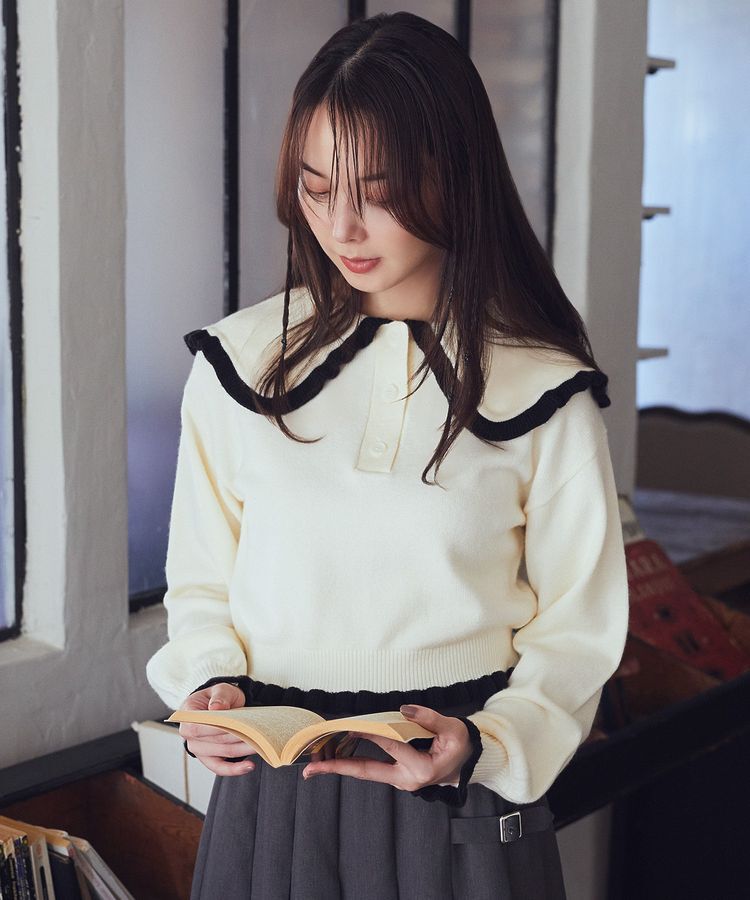 earth music&ecology「配色フリルカラーニットプルオーバー」|ニット・セーター|