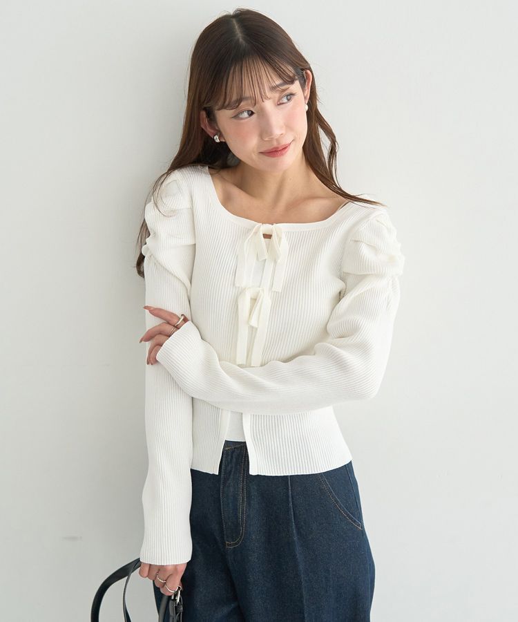 earth music&ecology「レイヤード風ギャザーショルダーリブニット」|ニット・セーター|