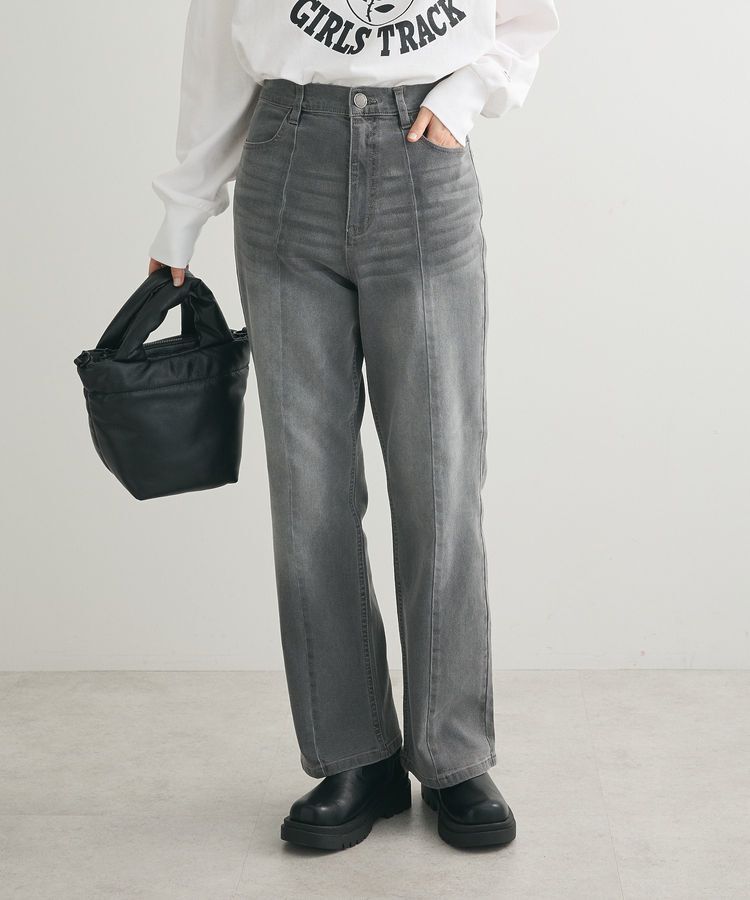 Green Parks「GUMストレッチデニムセンター切替ストレートフレアパンツ」|その他|Black