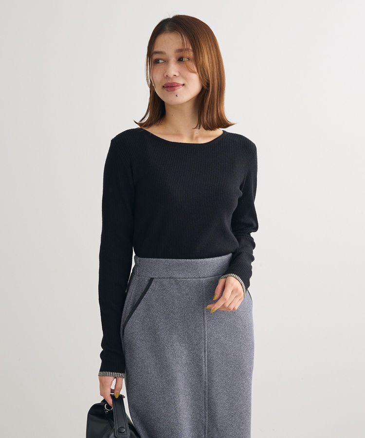 Green Parks「もちっと袖配色ボートネックニットプルオーバー」|ニット・セーター|Black