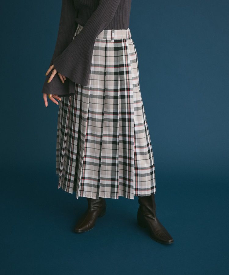 Green Parks「ワイドプリーツチェックスカート」|スカート|Gray Beige