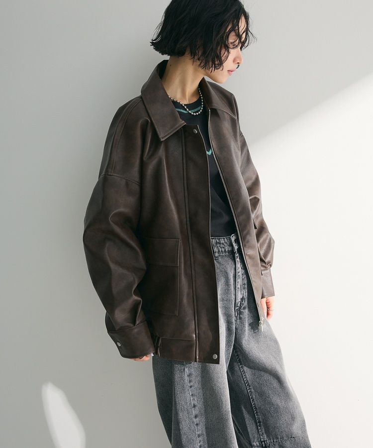 Green Parks「・ELENCARE DUE 合皮ステンカラーブルゾン」|ブルゾン・スタジャン|Brown