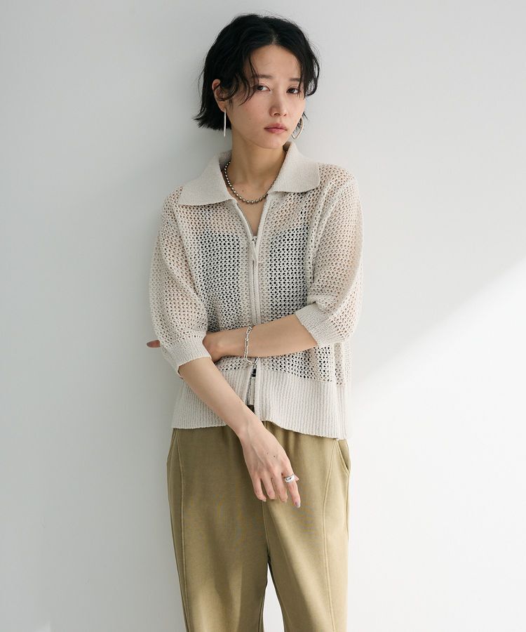 Green Parks「襟付きメッシュ編みZIPカーディガン」|カーディガン|