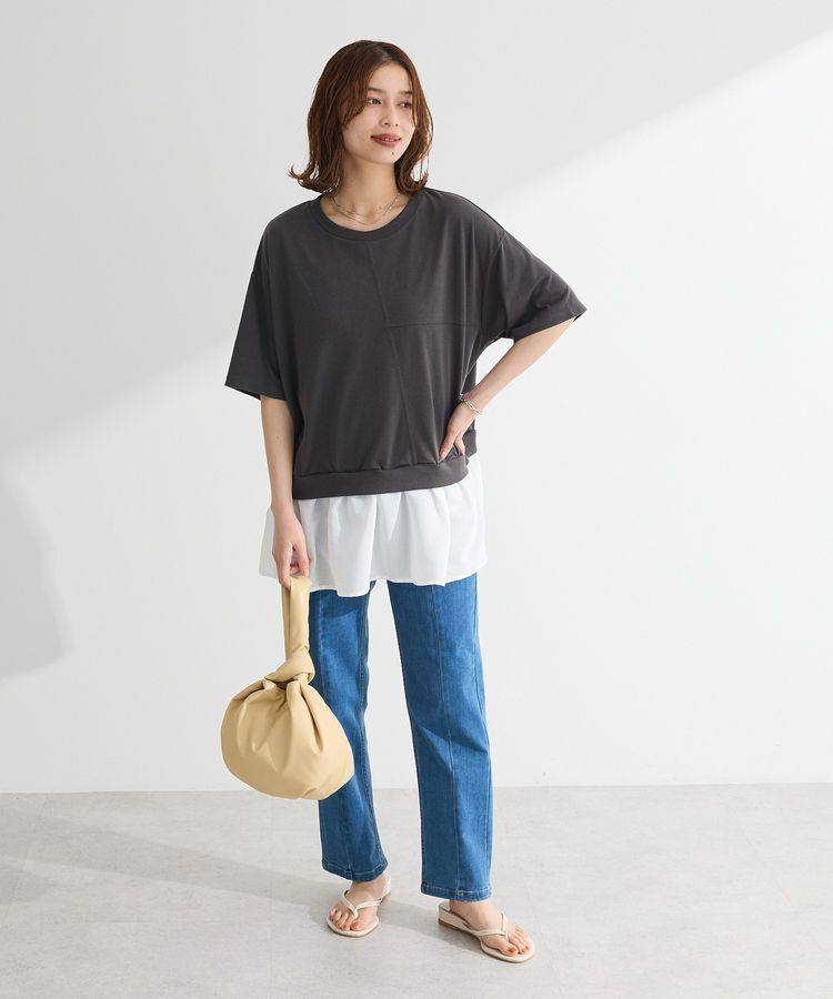 Green Parks「裾フリルドッキング5分袖プルオーバー」|Tシャツ・カットソー|