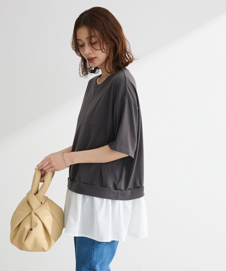 Green Parks「裾フリルドッキング5分袖プルオーバー」|Tシャツ・カットソー|