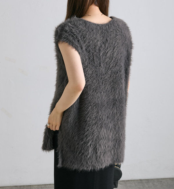  「【ふわもこ】シャギーニットチュニック丈Vネックベスト」|ニット・セーター|