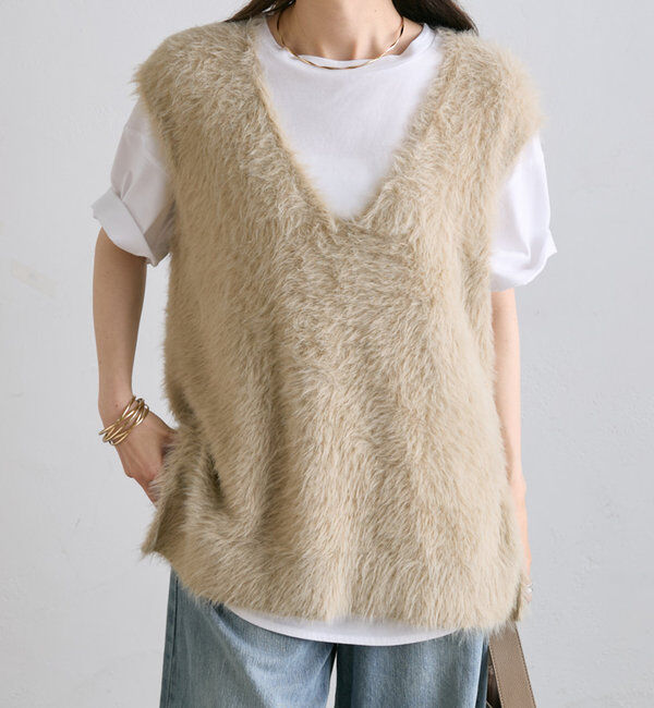  「【ふわもこ】シャギーニットチュニック丈Vネックベスト」|ニット・セーター|