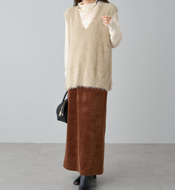  「【ふわもこ】シャギーニットチュニック丈Vネックベスト」|ニット・セーター|