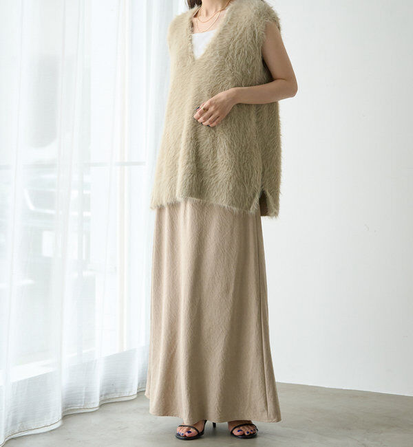  「【ふわもこ】シャギーニットチュニック丈Vネックベスト」|ニット・セーター|