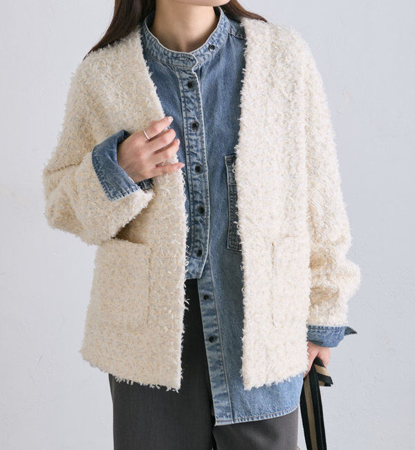  「ツィードライクニットボンディングジャケット」|ノーカラージャケット|アイボリー