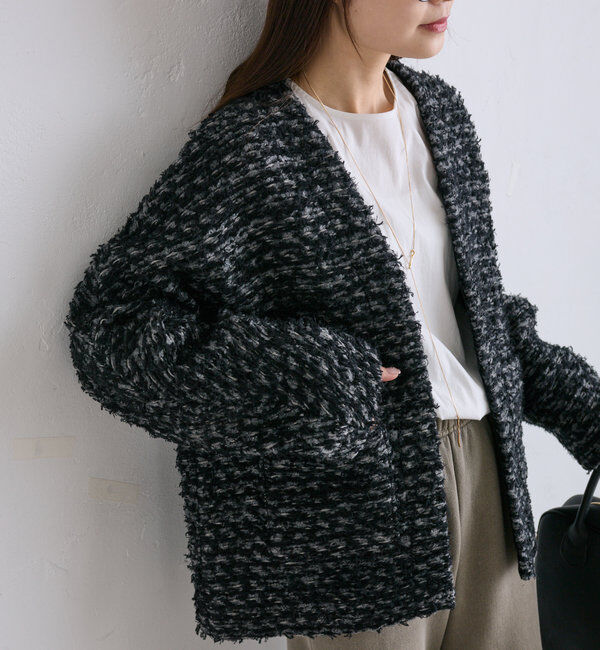  「ツィードライクニットボンディングジャケット」|ノーカラージャケット|グレー