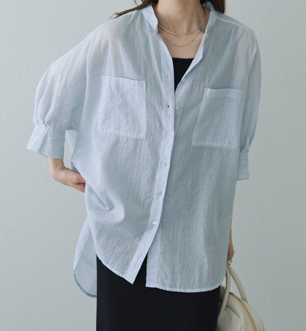  「【25th】ストライプコットンラミーバンドカラーブラウス」|シャツ・ブラウス|