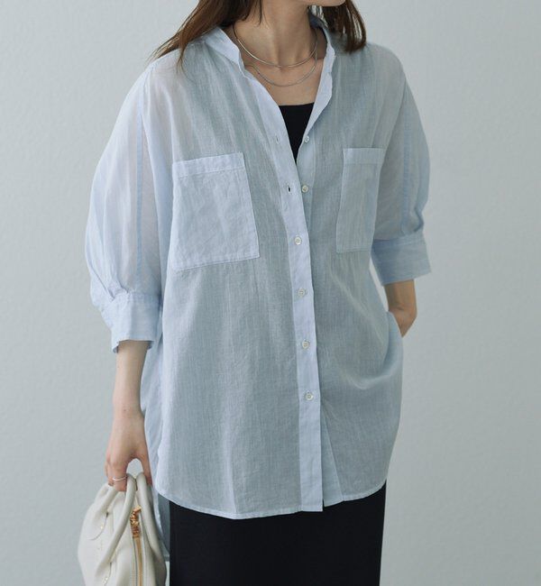  「【25th】ストライプコットンラミーバンドカラーブラウス」|シャツ・ブラウス|