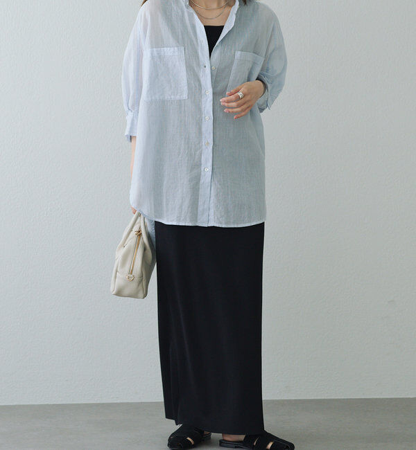  「【25th】ストライプコットンラミーバンドカラーブラウス」|シャツ・ブラウス|