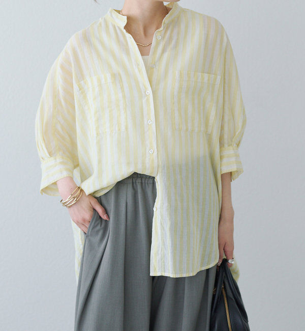 「【25th】ストライプコットンラミーバンドカラーブラウス」|シャツ・ブラウス|