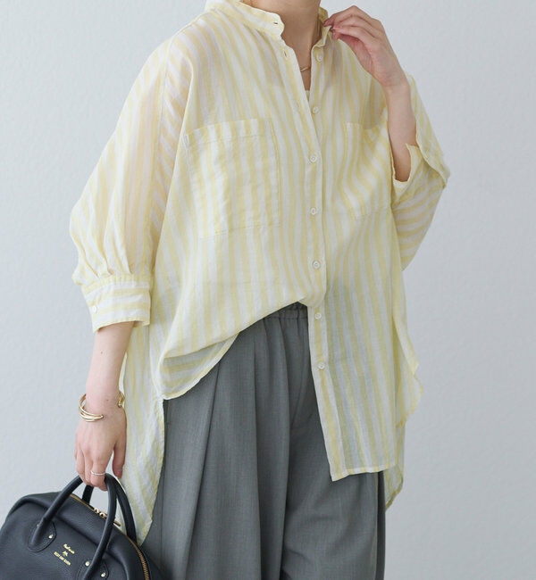  「【25th】ストライプコットンラミーバンドカラーブラウス」|シャツ・ブラウス|