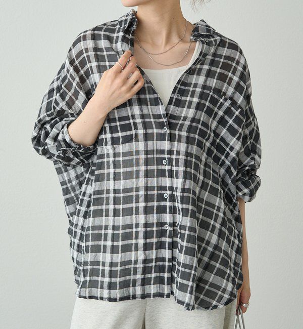  「【日焼け・冷房対策に◎】綿麻チェックオーバーシャツブラウス」|シャツ・ブラウス|