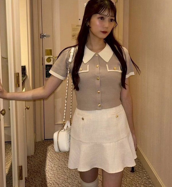  「金ボタン配色衿ニットトップス」|ニット・セーター|